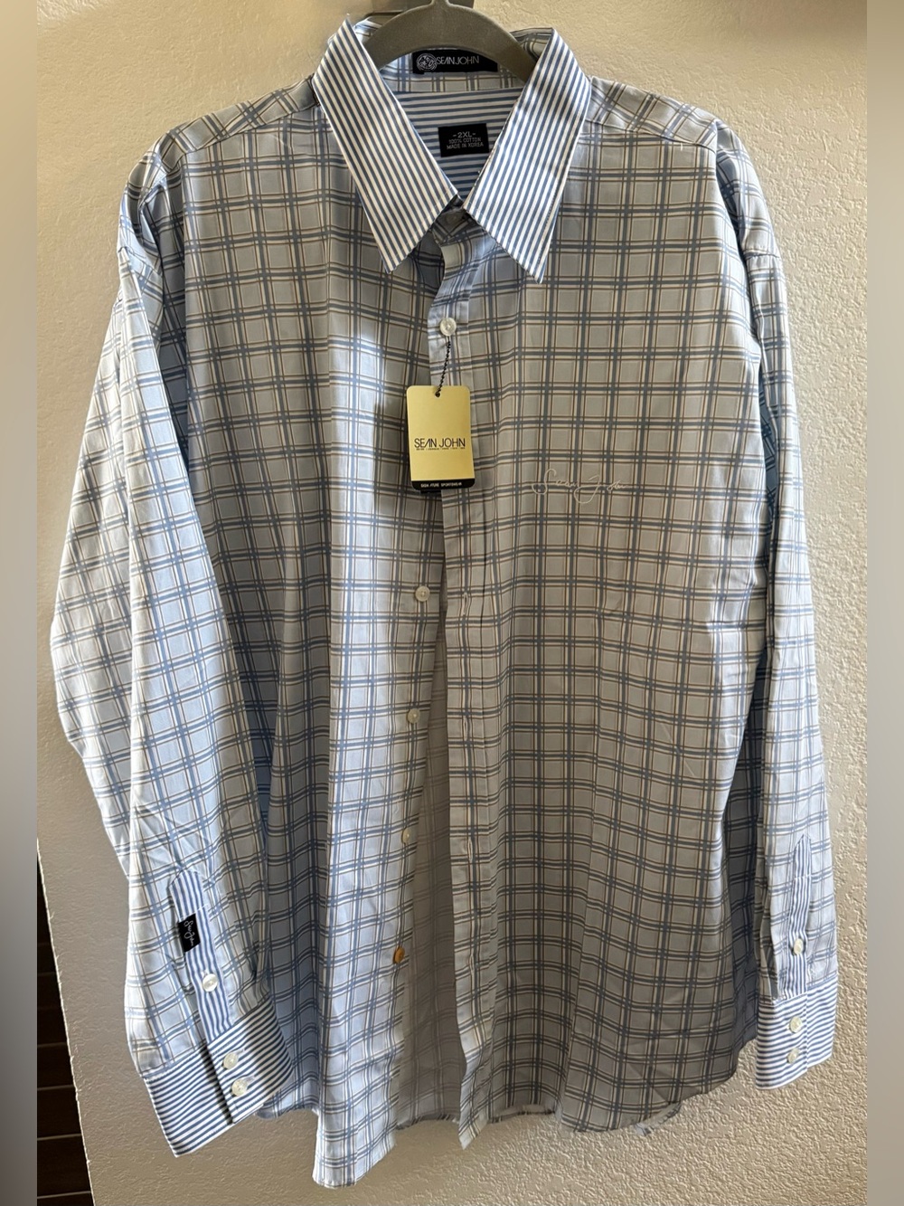 Sean John Light Blue and White Checked Dress Shirt
